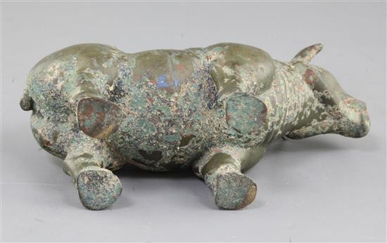A rare Chinese archaic bronze ritual rhinoceros wine vessel, Zun, early Western Han dynasty, 206 B.C. - 9 A.D. 11.8cm high, 21cm long